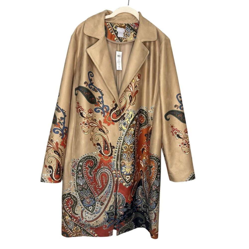 Chico's Topper Jacket 12 14 (2) Tan Paisley Faux Suede Boho Lightweight Coat